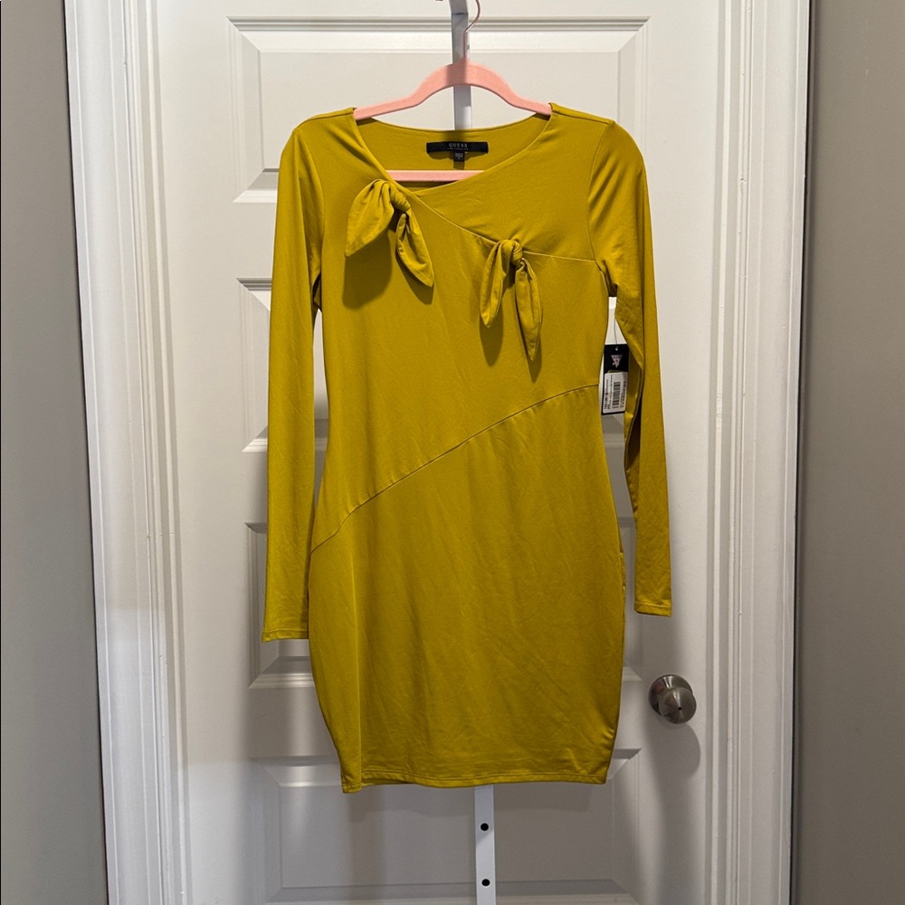 Guess Mustard Yellow Tie Front Dress Size S NWT Long Sleeve Modern Chic‎
